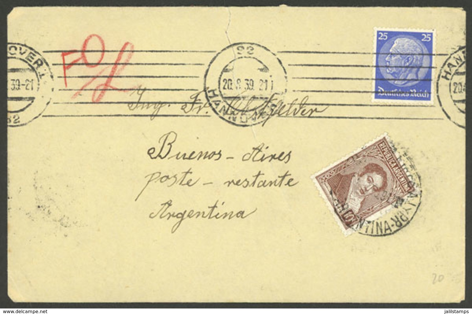 ARGENTINA: 20/AU/1939: Hannover - Buenos Aires, Cover Sent To Poste Restante, With MIXED POSTAGE, It Has A Tear Not Affe - Briefe U. Dokumente