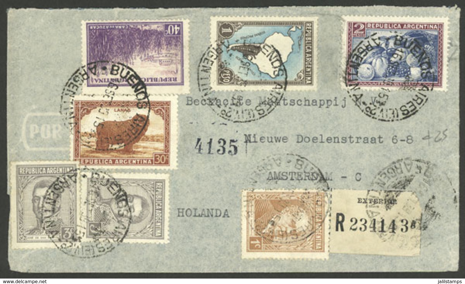 ARGENTINA: Registered Cover Sent From Buenos Aires To Amsterdam On 16/SE/1939, Franked $3.77 With Several Stamps, Includ - Briefe U. Dokumente