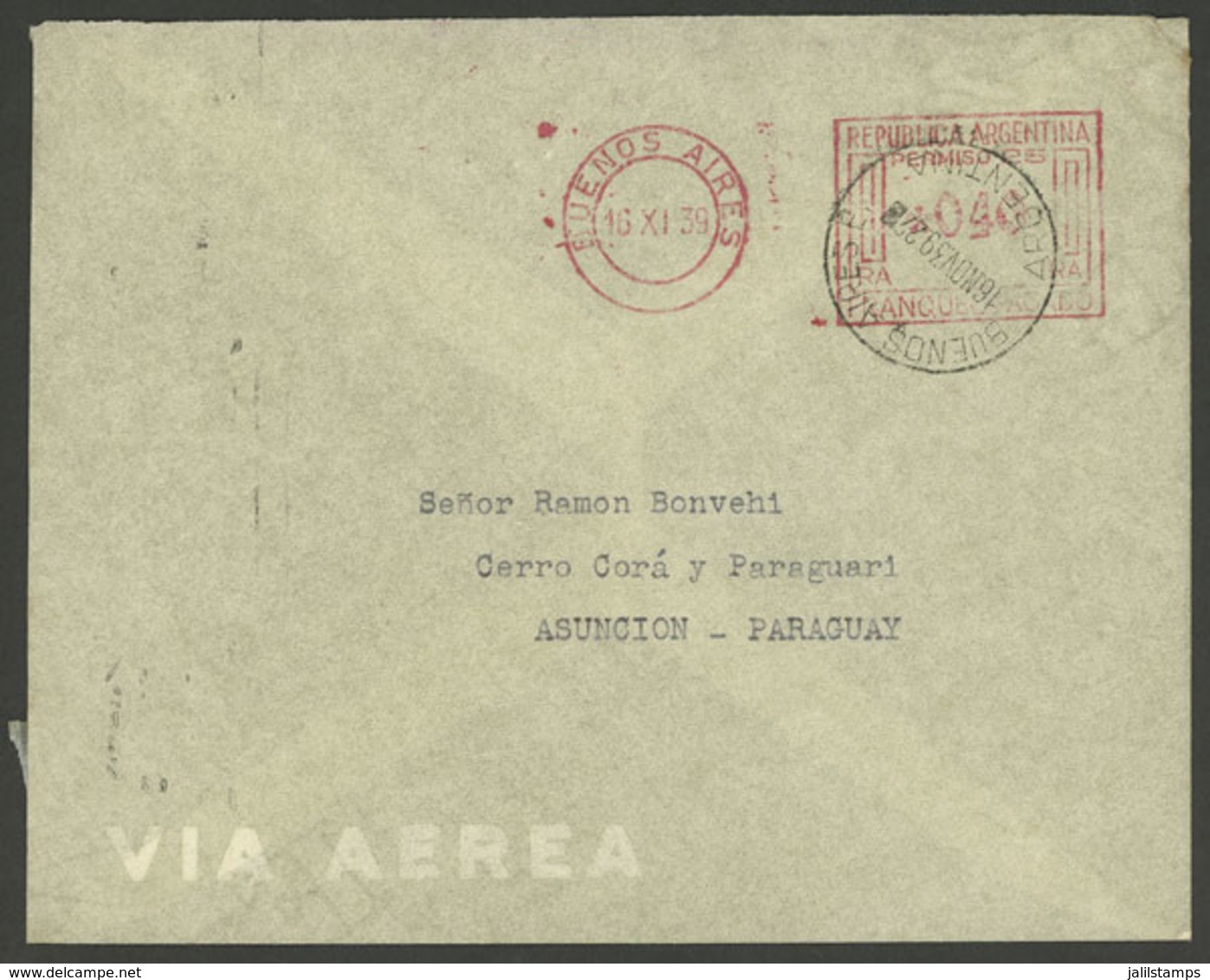 ARGENTINA: Cover Sent From Buenos Aires To Asunción (Paraguay) On 16/NO/1939, With Meter Postage For 40c., VF Quality - Briefe U. Dokumente