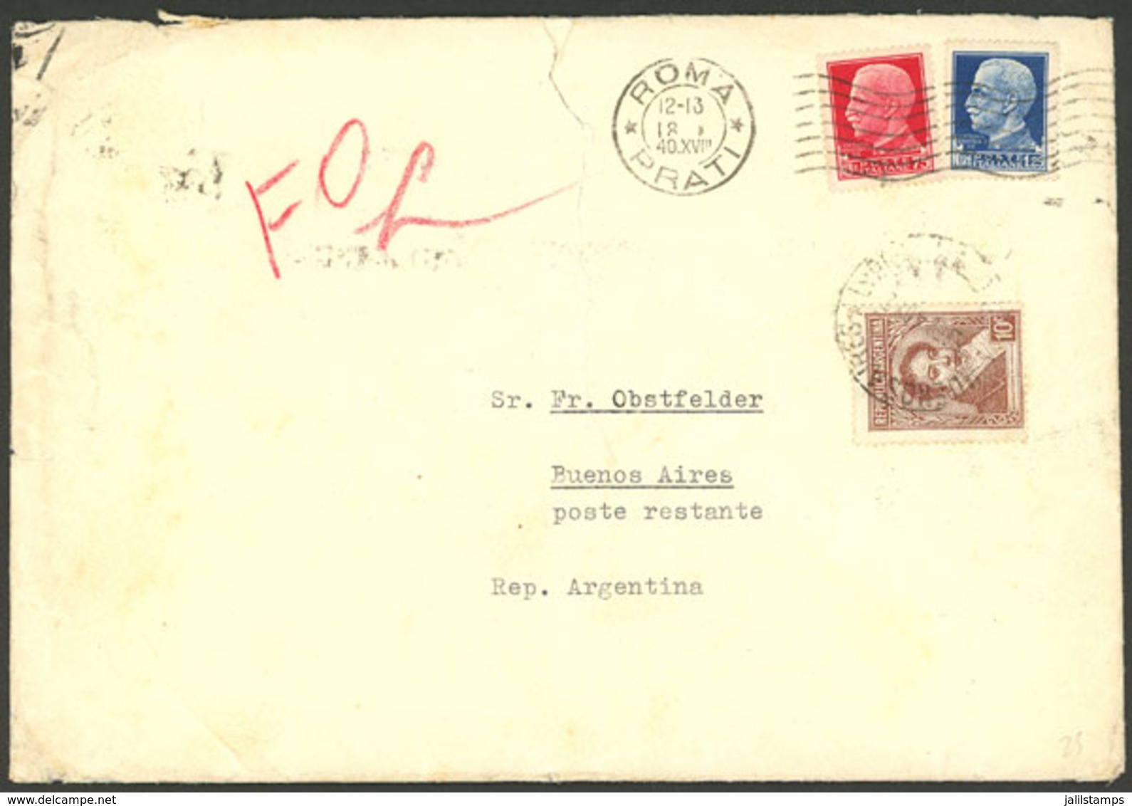 ARGENTINA: Cover Sent From Roma To Buenos Aires Poste Restante In FE/1940, With Mixed Postage, Envelope With Tear - Briefe U. Dokumente