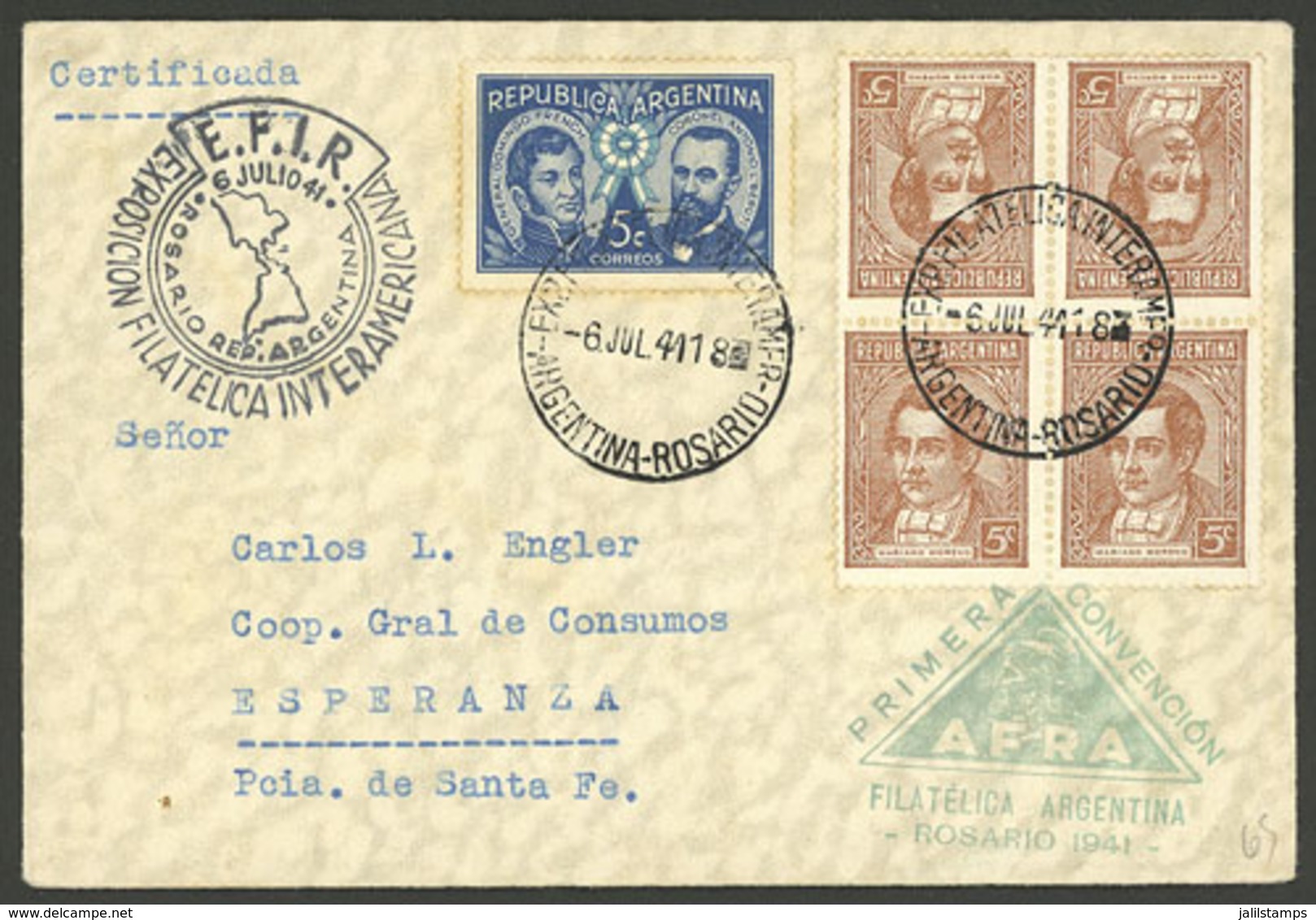 ARGENTINA: Cover Sent From Rosario To Esperanza (Santa Fe) On 6/JUL/1941, Franked With 5c. French & Beruti + 5c. Moreno  - Briefe U. Dokumente