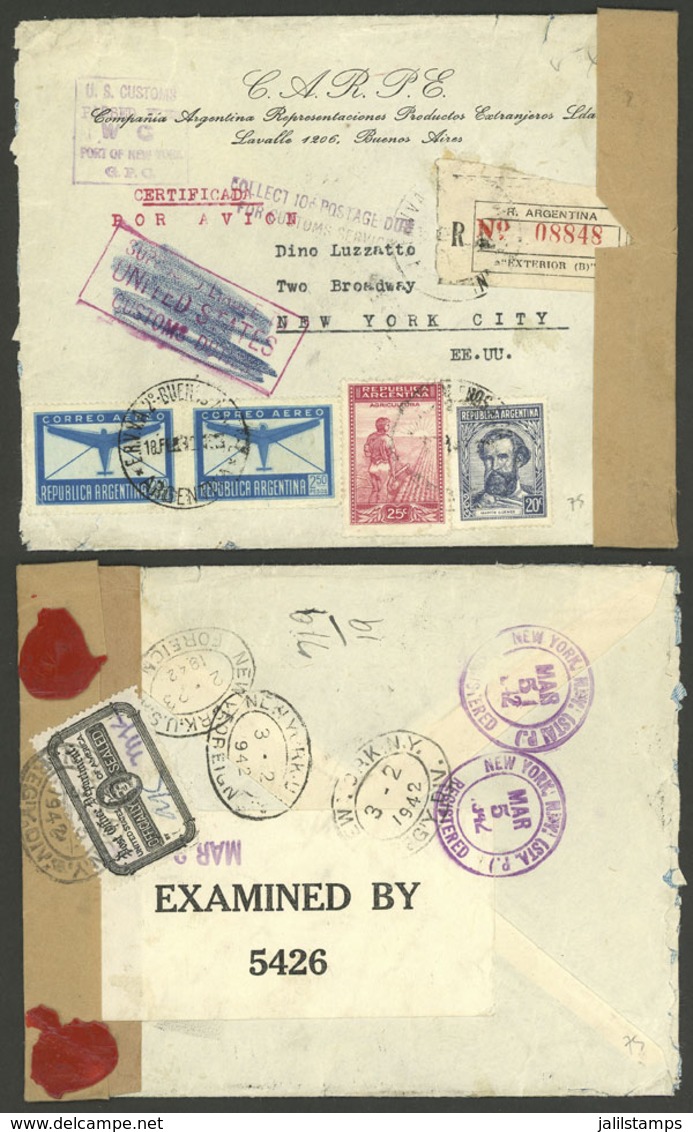 ARGENTINA: 18/FE/1942: Buenos Aires - New York, Registered Cover Franked With $5.45, Examined By US Customs And Censored - Briefe U. Dokumente