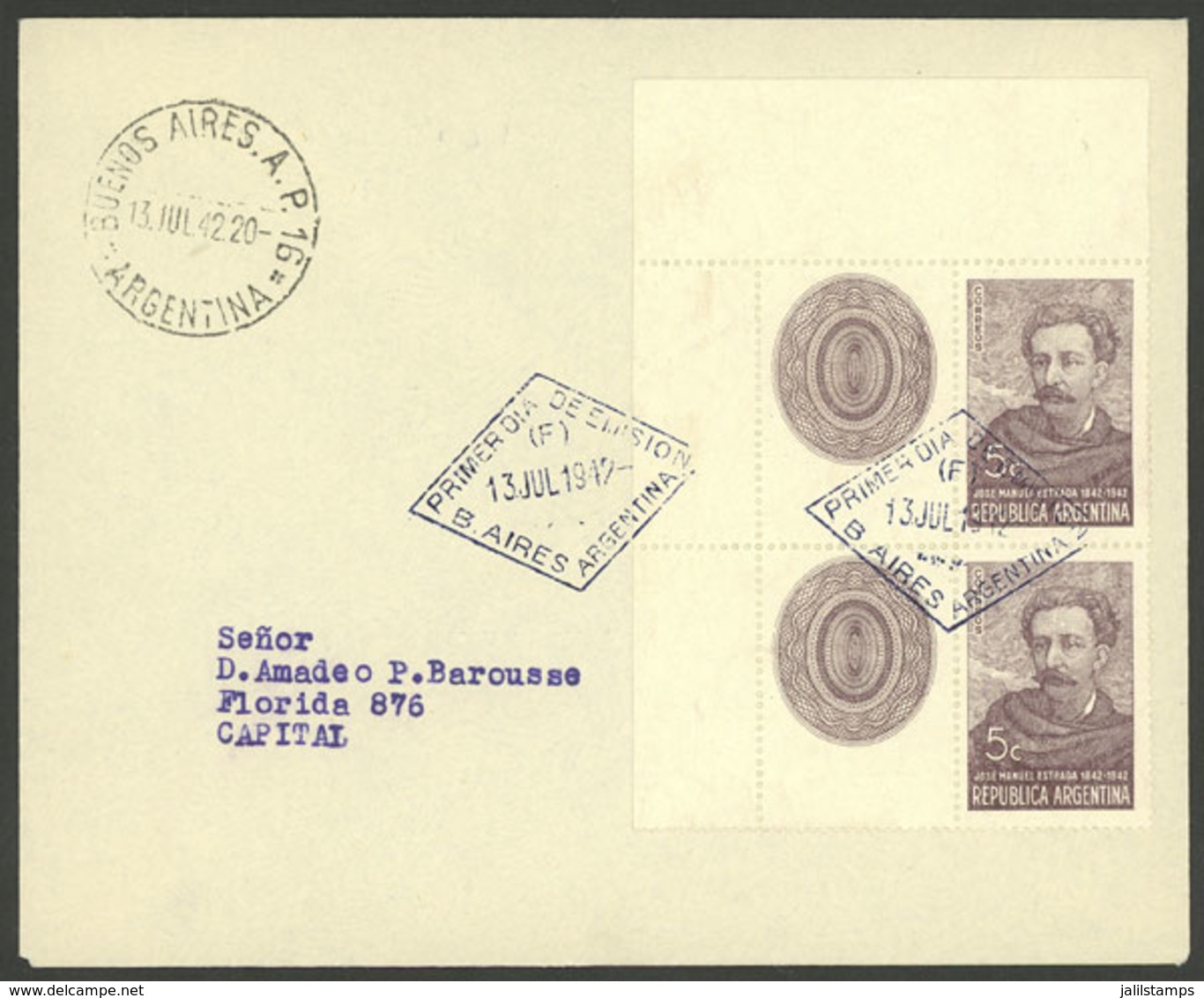 ARGENTINA: Cover Used In Buenos Aires On 13/JUL/1942, With Pair 5c. Estrada With 2 Labels At Left, VF Quality - Briefe U. Dokumente
