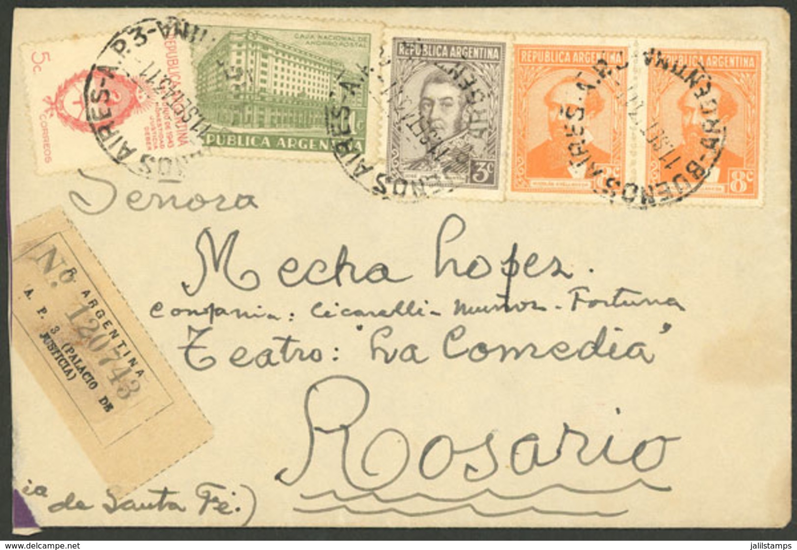 ARGENTINA: Registered Cover Sent From Buenos Aires To Rosario On 11/SE/1943, With Colorful 25c. Postage, VF Quality - Brieven En Documenten