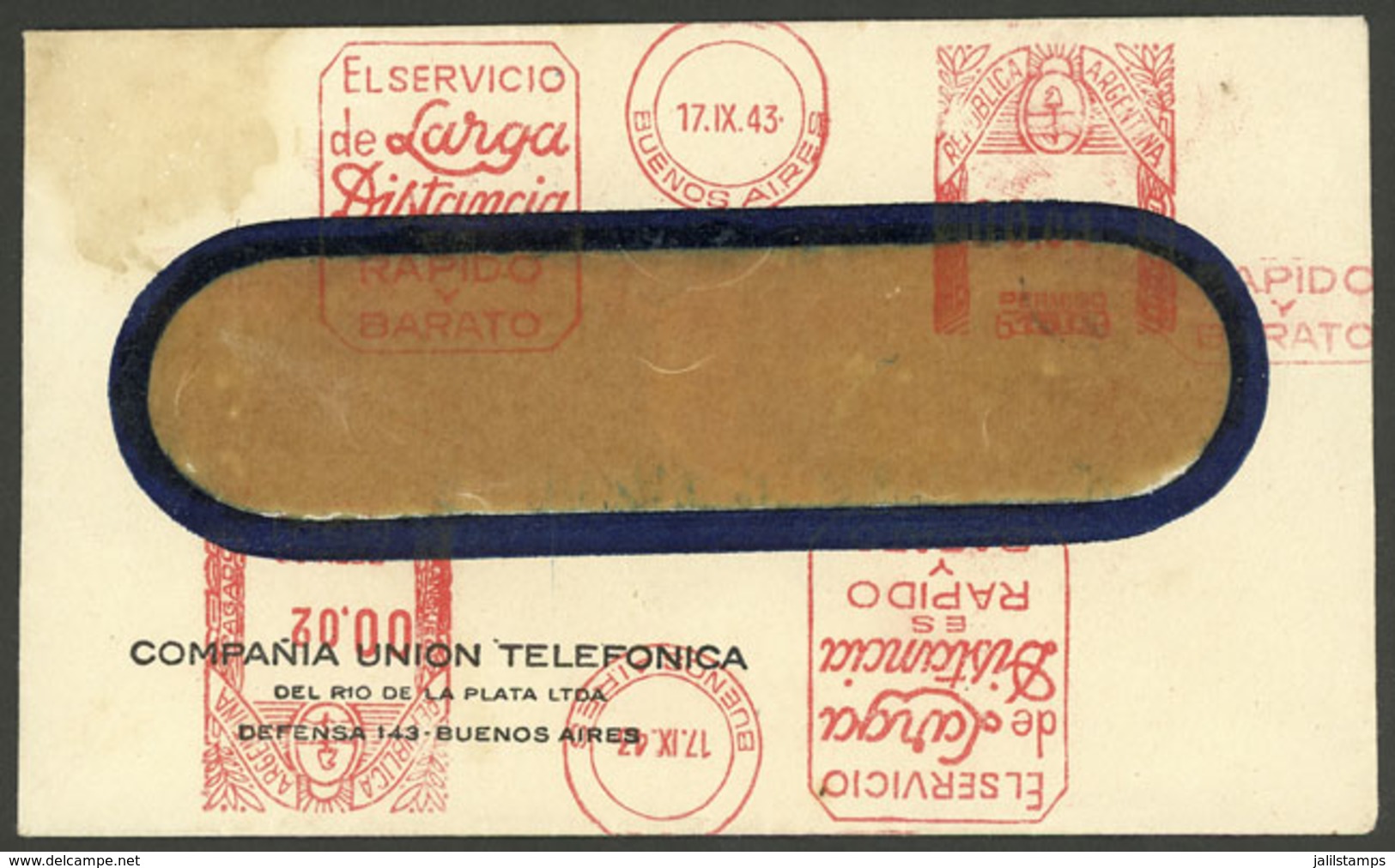 ARGENTINA: Envelope Posted On 17/SE/1943 With Meter Postage With Advertising For Compañía Unión Telefónica, VF Quality - Brieven En Documenten