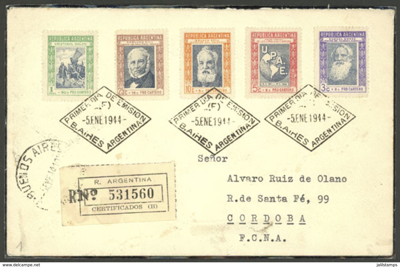 ARGENTINA: Registered Cover Sent From Buenos Aires To Córdoba On 5/JA/1944, Franked With The 5 Values Of The Postal Welf - Brieven En Documenten