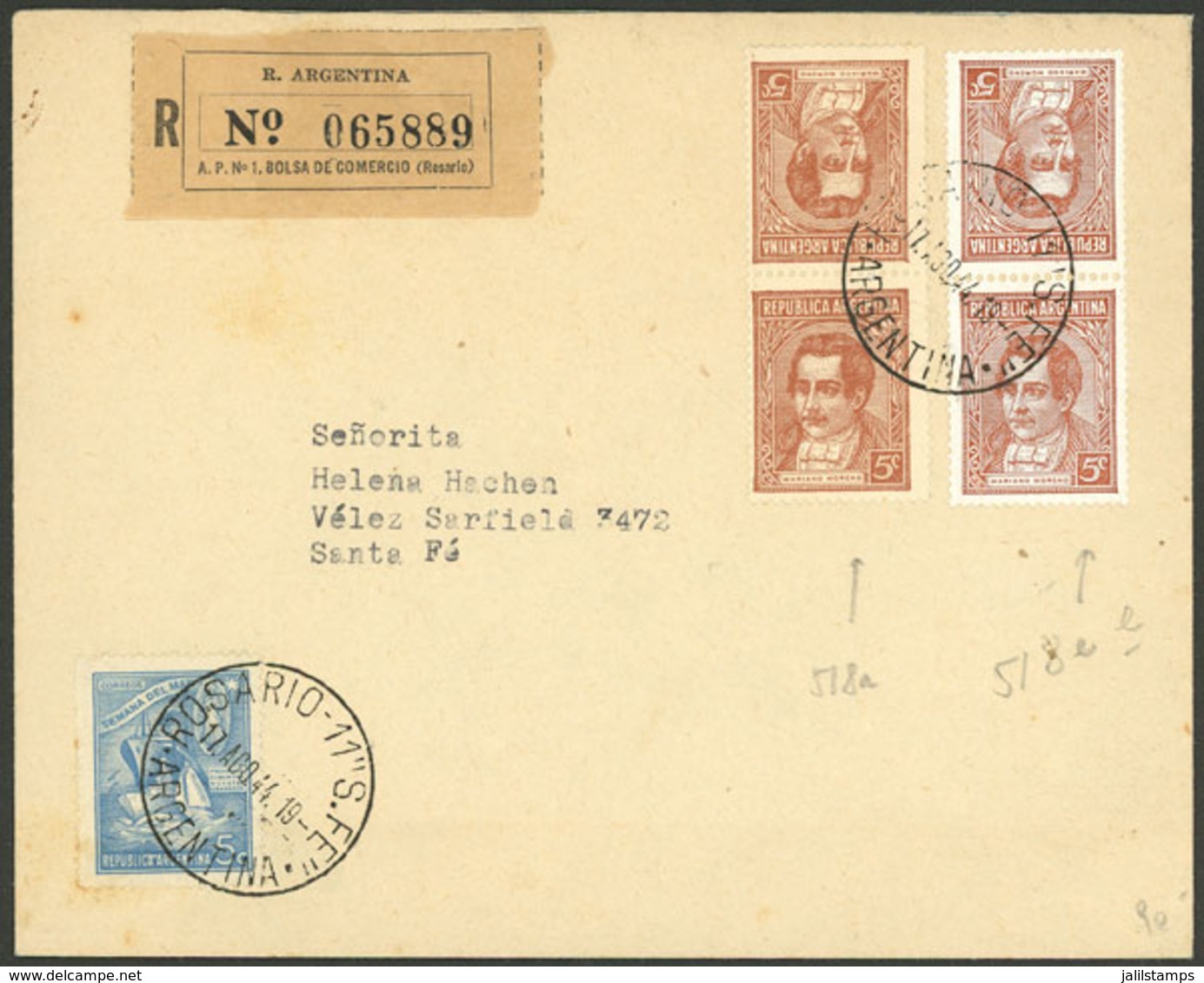 ARGENTINA: 17/AU/1944, Registered Cover Sent From Rosario To Santa Fe, Franked With 2 Tete-beche Pairs 5c. Moreno (one O - Briefe U. Dokumente