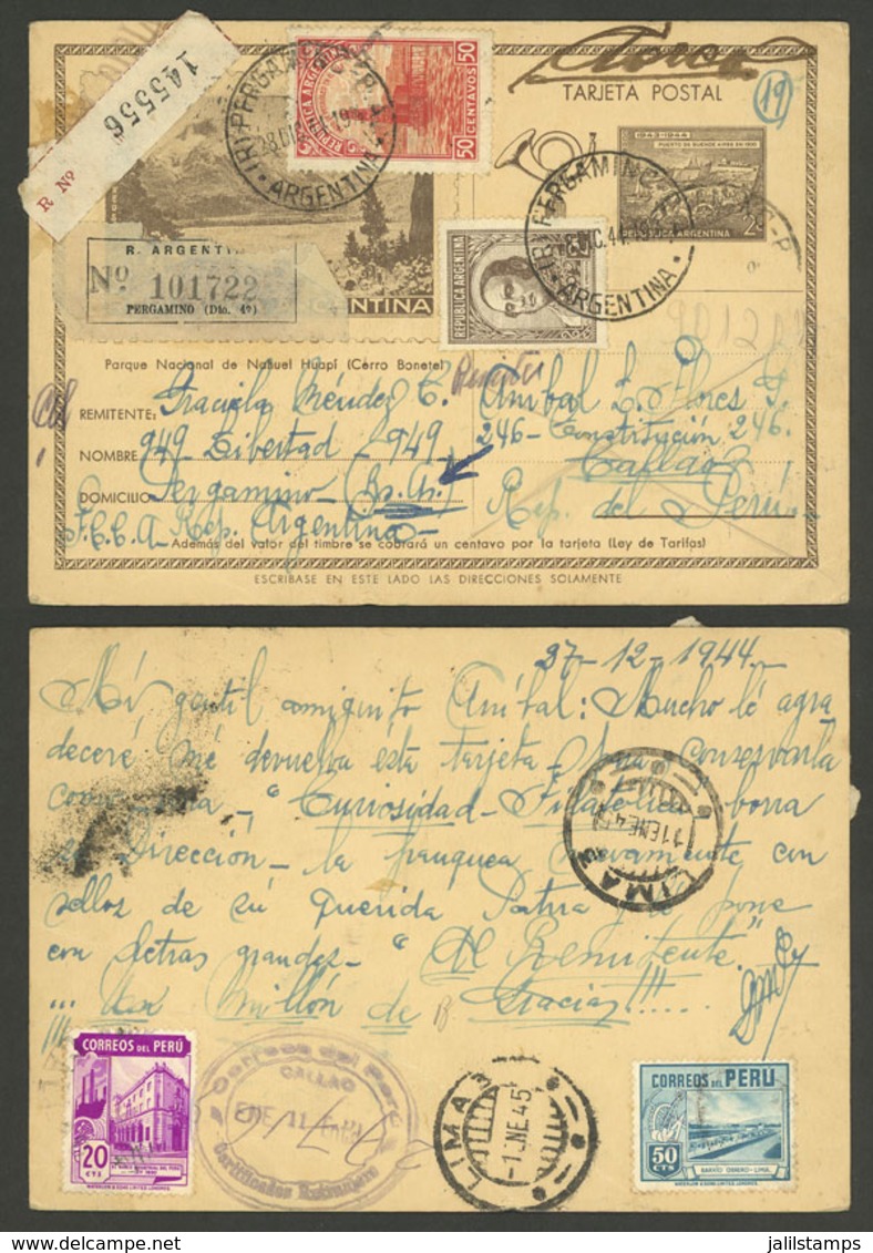 ARGENTINA: Illustrated 2c. Postal Card Sent By Registered Mail From Pergamino To Callao (Perú) On 28/DE/1944, And From T - Briefe U. Dokumente