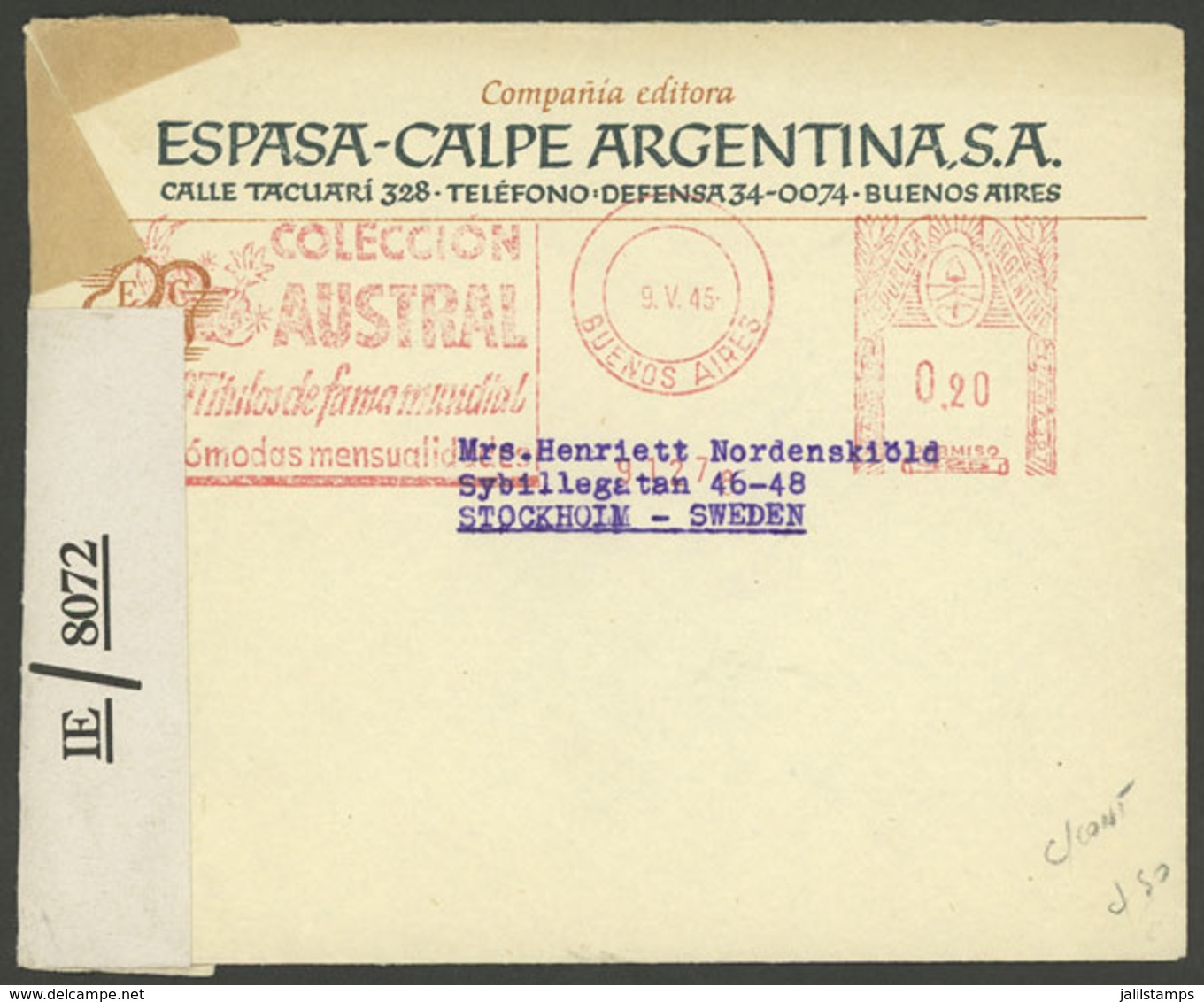 ARGENTINA: Cover With Advertising Corner Card, Sent To Stockholm (Sweden) On 9/MAY/1945, With Meter Postage With Adverti - Briefe U. Dokumente