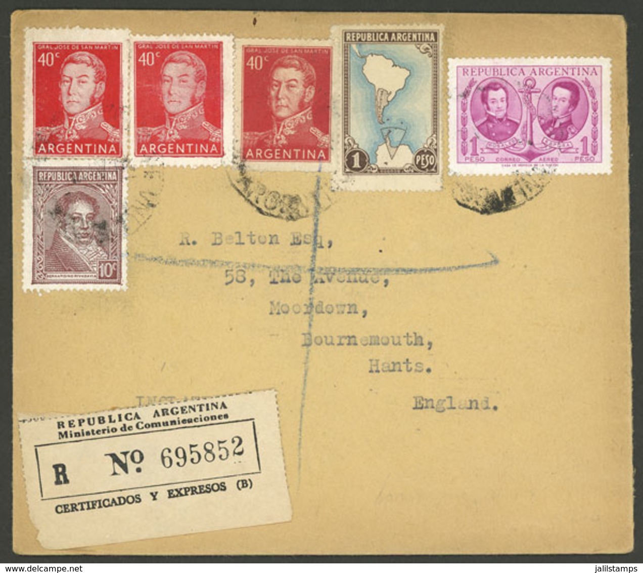 ARGENTINA: Cover Sent To Bournemouth (Great Britain) Circa 1957, Franked $3.30 With Several Stamps, Combining The 40c. S - Brieven En Documenten