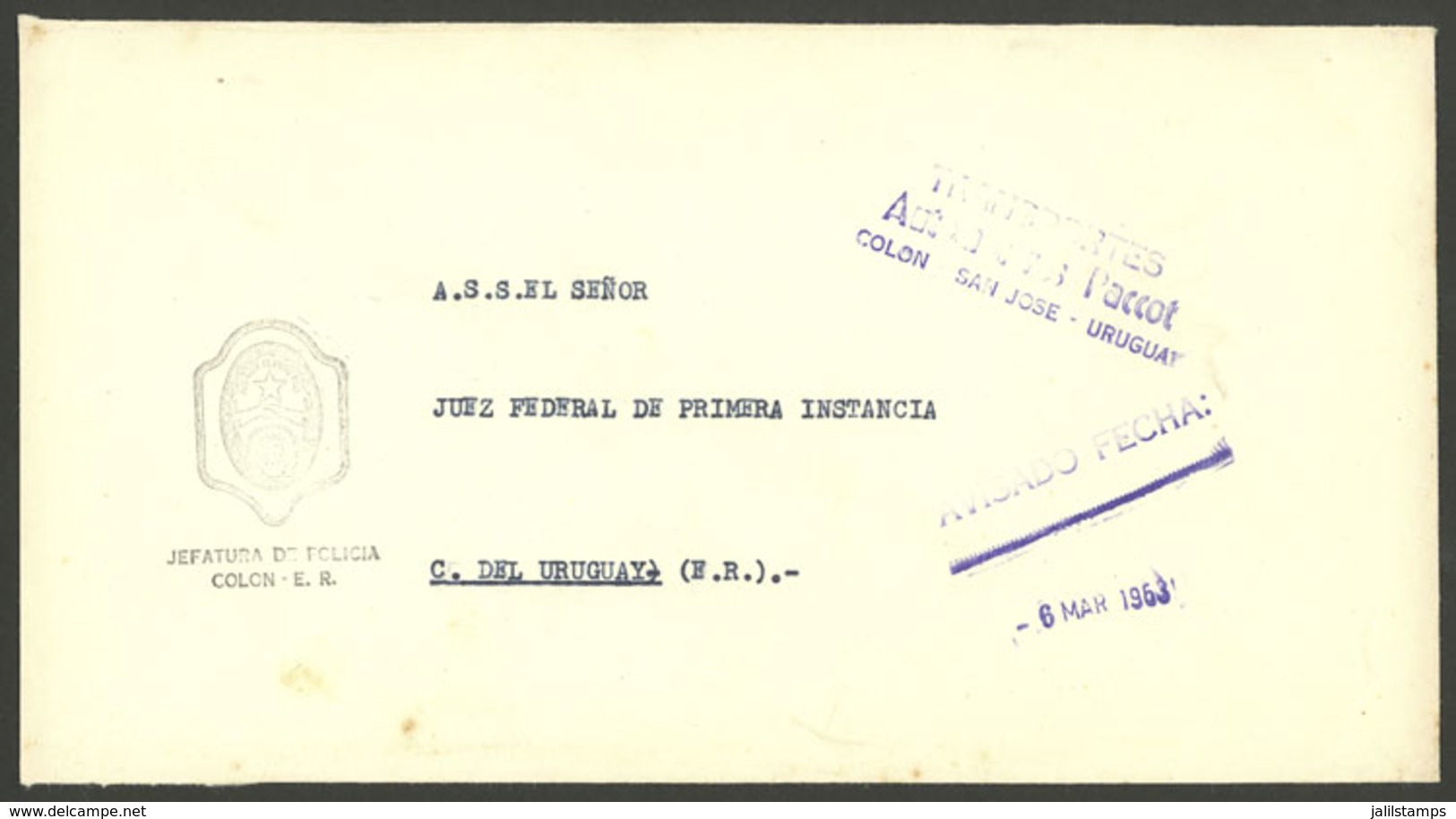 ARGENTINA: Cover Sent From Colón (Entre Ríos) To Concepción Del Uruguay (Entre Ríos) On 6/MAR/1963 By "TRANSPORTES PACCO - Brieven En Documenten