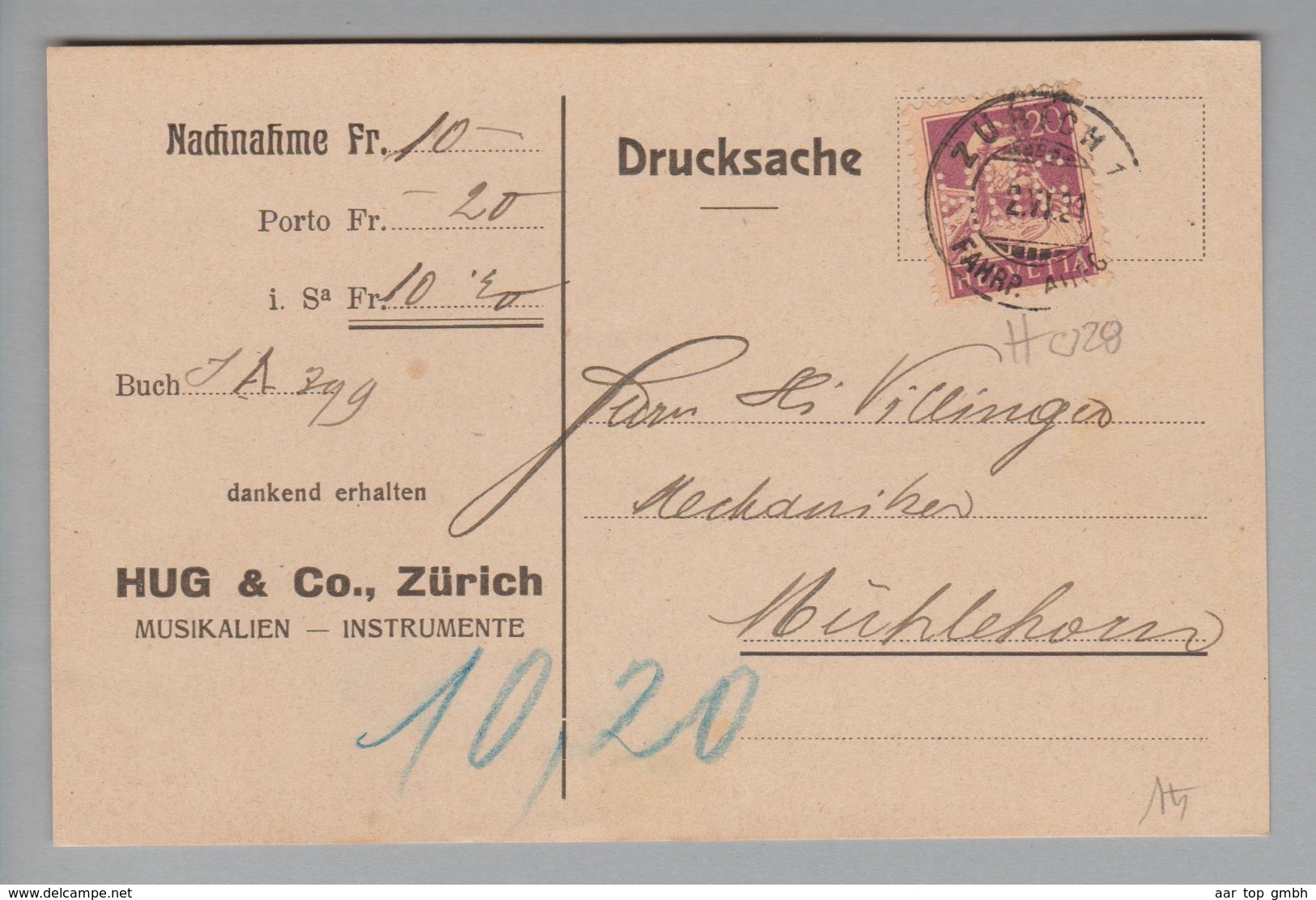 Schweiz 1921-06-02 Zürich1 Drucksache Mit Perfin #H028 "Hug" Hug&Co. Zürich - Lettres & Documents