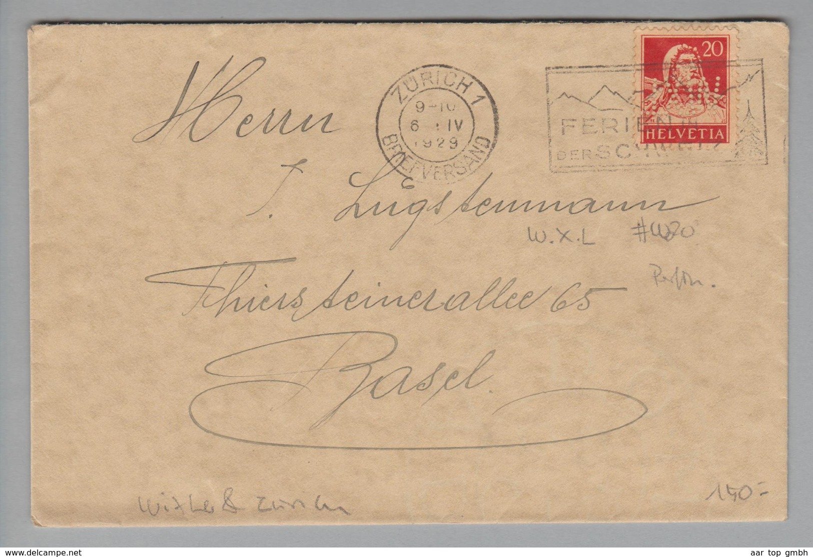 Schweiz 1929-04-06 Zürich Brief Mit Perfin #W020 "W.X.L." Wixler & Co. Zürich - Lettres & Documents