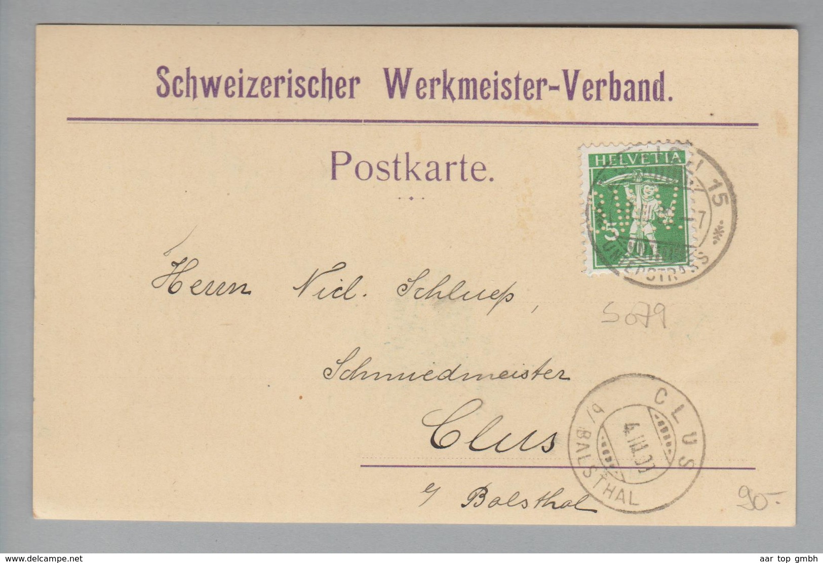 Schweiz 1909-03-03 Zürich15 Postkarte Mit Perfin #S079 Schweizer Werkmeister-Verband - Lettres & Documents