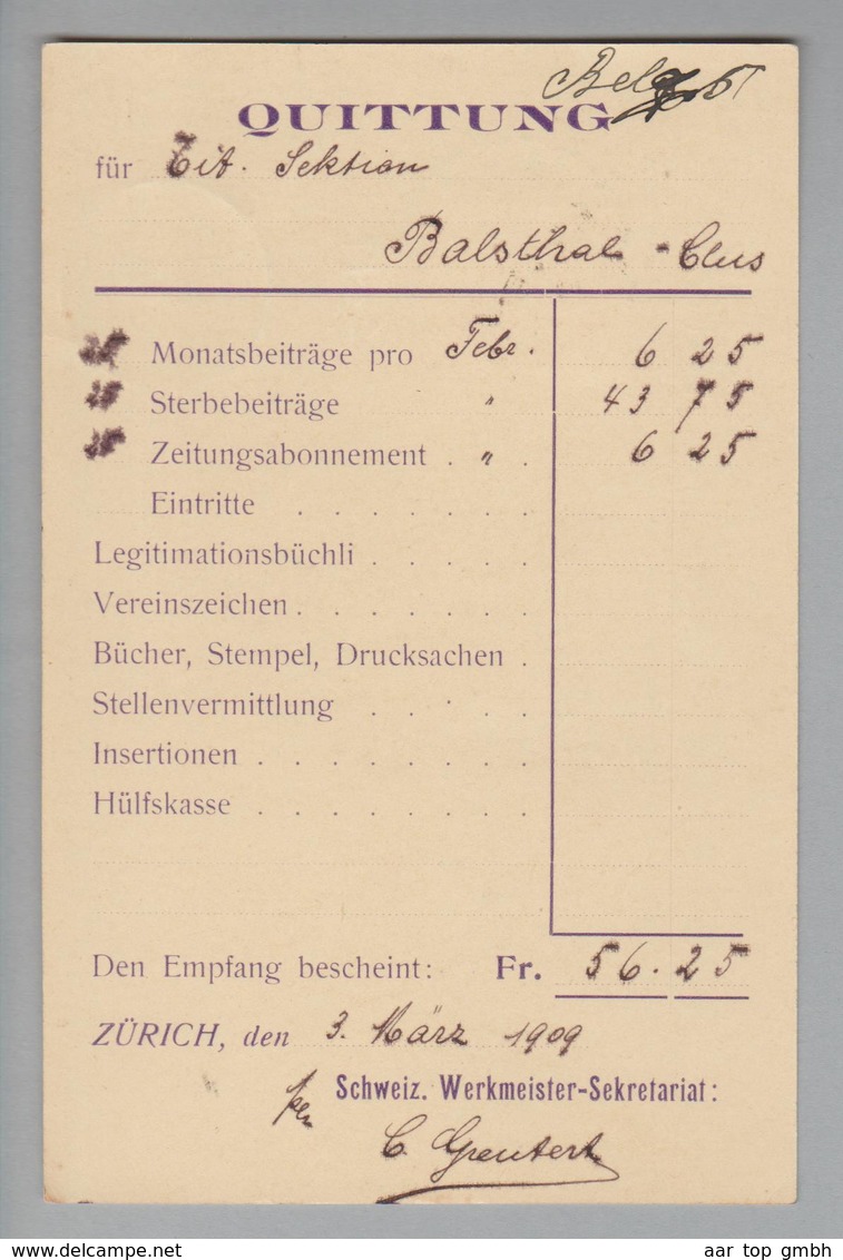 Schweiz 1909-03-03 Zürich15 Postkarte Mit Perfin #S079 Schweizer Werkmeister-Verband - Lettres & Documents