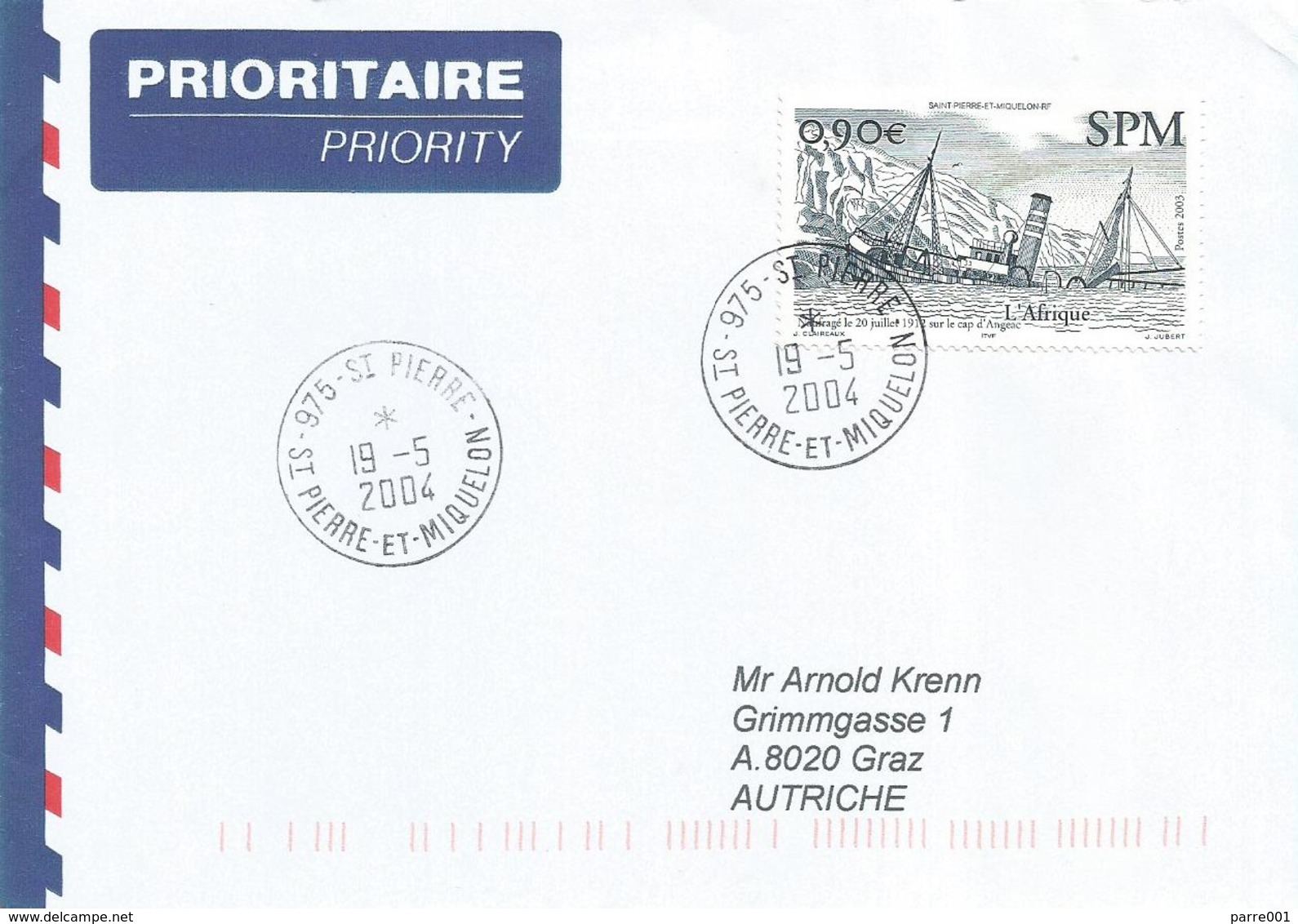 St.Pierre & Miquelon 2004 St Pierre Naufrage Shipwreck L'Afrique Cover - Brieven En Documenten