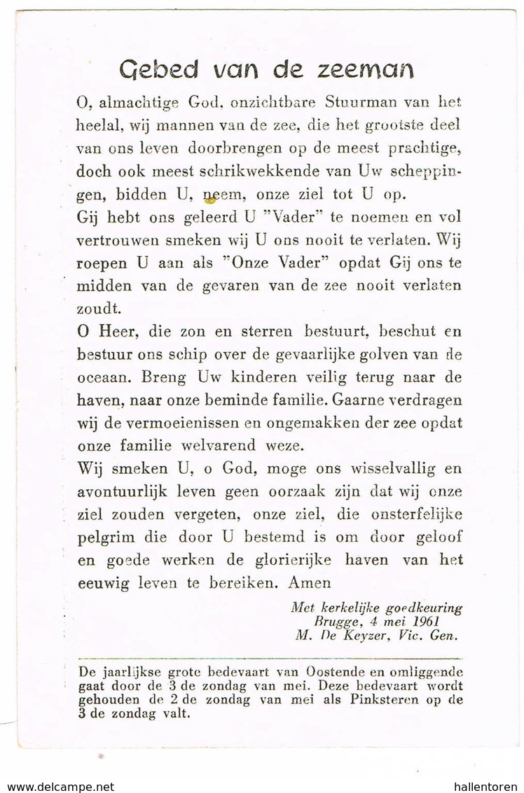 Bredene, 1961: 'Gebed Van De Zeeman; Onze-Lieve-Vrouw Ter Duinen Visserskapelleke.(2 Scans) - Devotieprenten