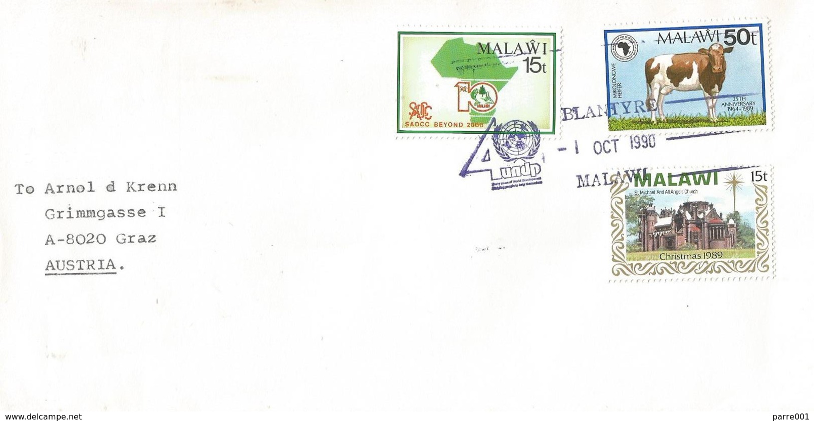 Malawi 1990 Blantyre Cow Church SADCC UNDP Special Handstamp Cover - Malawi (1964-...)