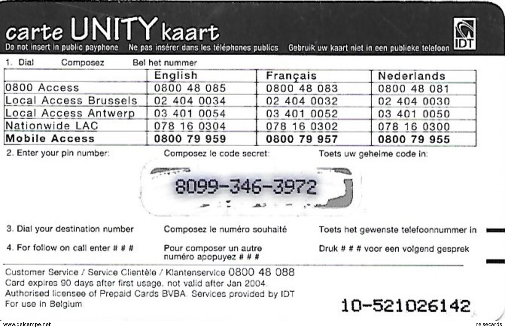 Belgium: IDT Unity 01.04 - [2] Prepaid- Und Aufladkarten