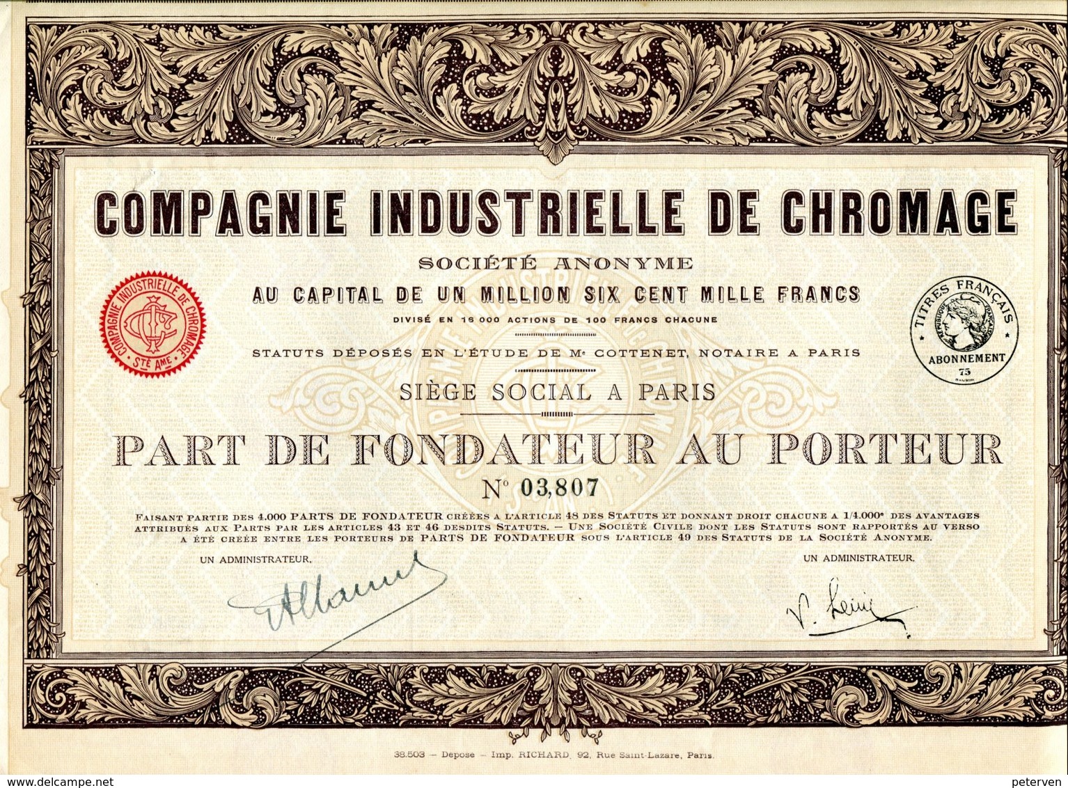 COMPAGNIE INDUSTRIELLE De CHROMAGE (Imprim. Richard) - Industrie