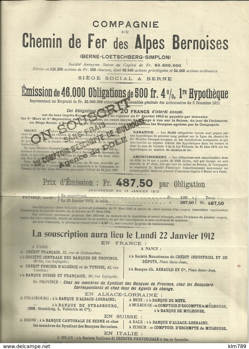 Suisse - Souscription D'Obligations Pour Le Chemin De Fer Des Alpes Bernoises - 1912  - Ref.27 - Switzerland
