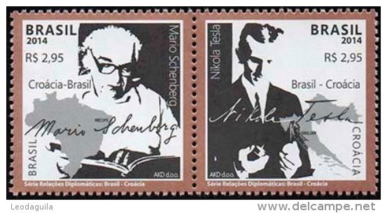 BRAZIL 2014  - SCIENTISTS NIKOLA TESLA AND MARIO SCHENBERG - 2v  Mint - Unused Stamps