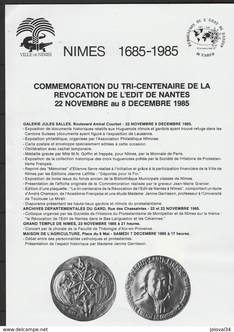 Plaquette Révocation De L'Edit De Nantes Cachet Accueil Des Huguenots ANDUZE 31/8/1985 Format 30 X 21 Cm - Lettres & Documents