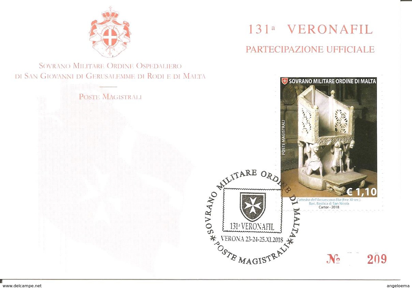 SMOM - 2018 Partecipazione Ufficiale 131^ Veronafil Su Cartolina Spec.numerata (cattedra Arcivescovo Elia, Basilica Bari - Sovrano Militare Ordine Di Malta