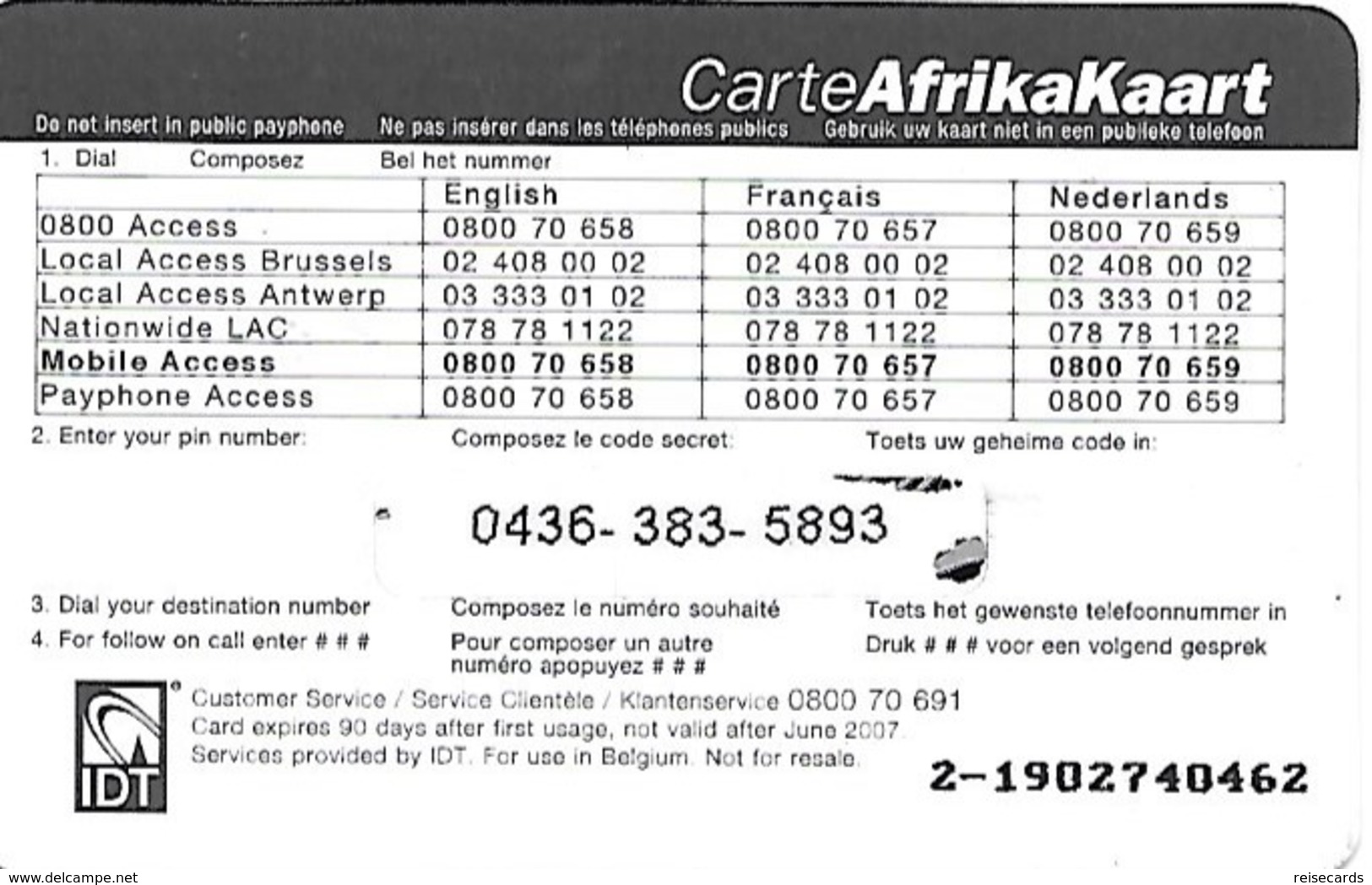 Belgium: IDT AfrikaKaart - [2] Prepaid- Und Aufladkarten