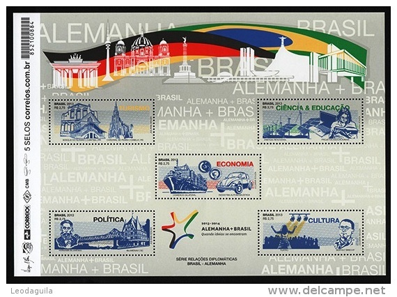 BRAZIL 2013 -  Brazil And Germany  -  Diplomatic Ties Series -  S/S With 5 Stamps - Unused Stamps