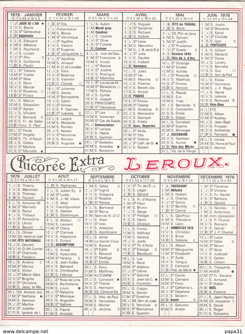 Calendrier  De 1976  " CHICORÉE  LEROUX " - Tamaño Pequeño : 1971-80