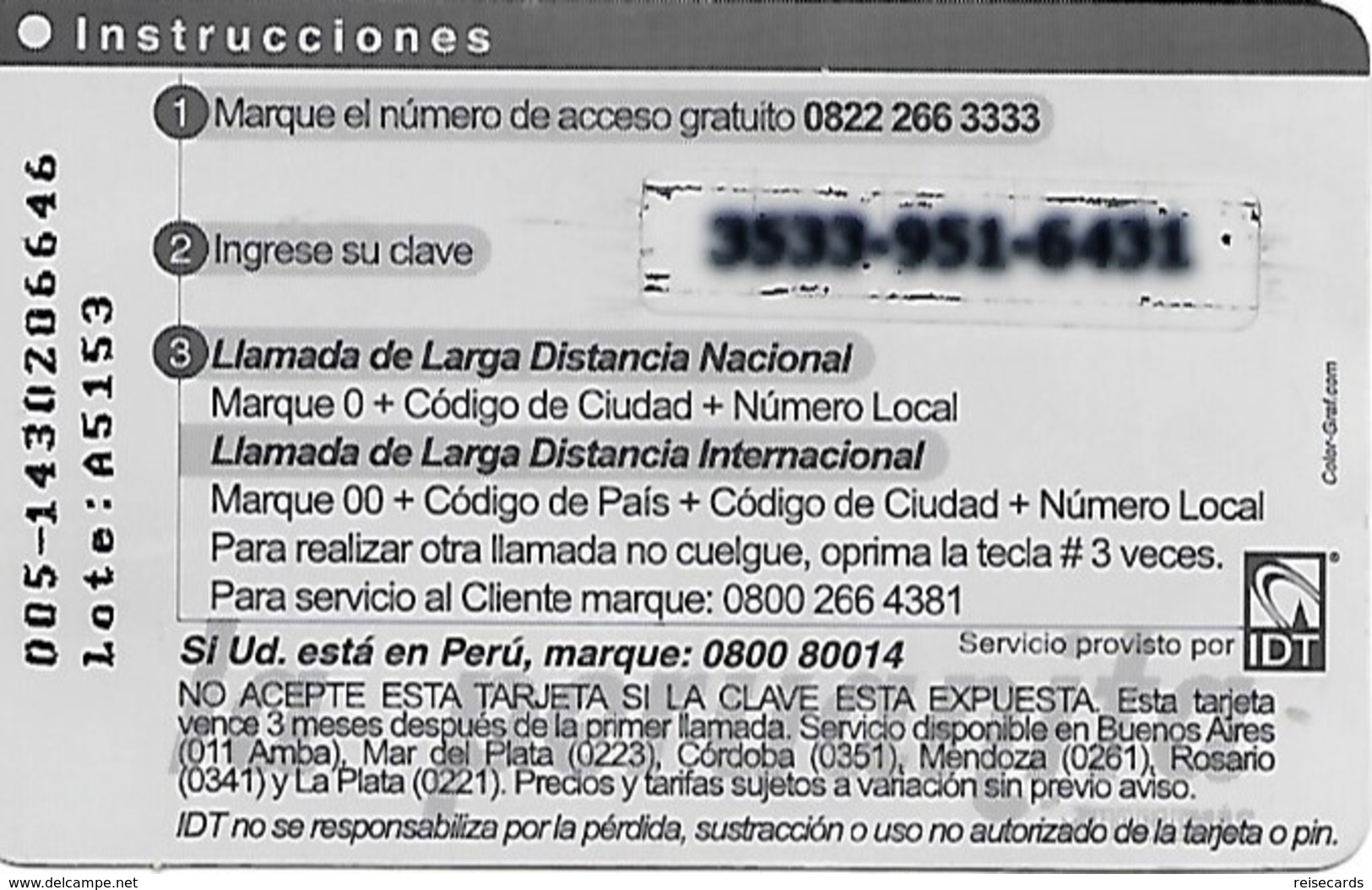 Argentina: Prepaid IDT La Peruanita 3 Month RS Grey, Producer Color-Graf - Argentina