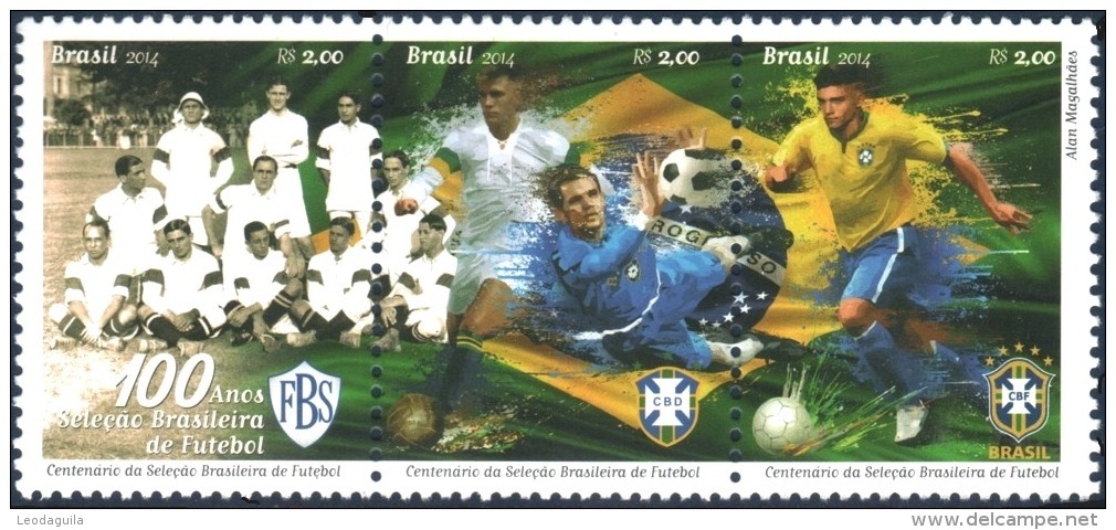 BRAZIL 2014 -  CENTENARY OF THE BRAZILIAN FOOTBALL TEAM  - 100 YEARS OF CBF -  SE TENANT  MNH - Unused Stamps