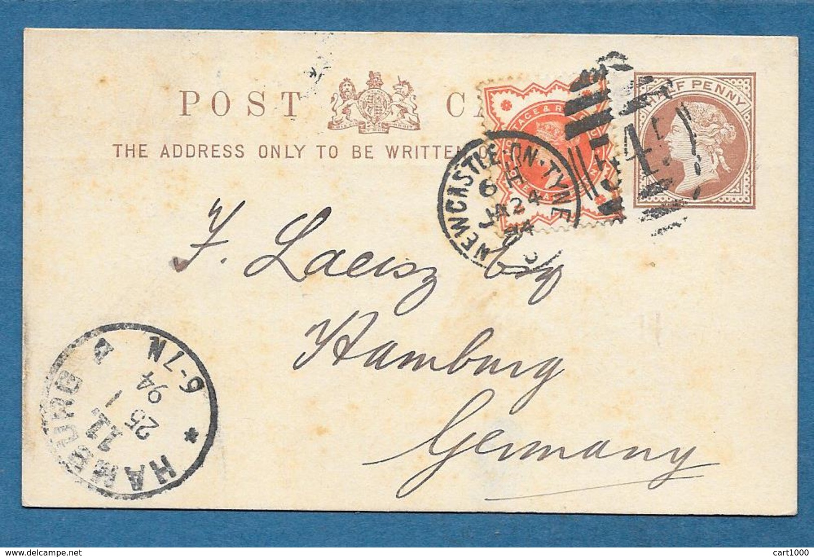 1894 GREAT BRITAIN POSTAL STATIONERY HALF PENNY + 1/2 P. NEWCASTLE ON TYNE TO HAMBURG GERMANY - Interi Postali