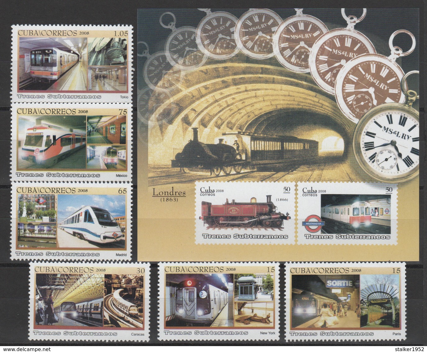 Cuba 2008 Kuba Mi 5037-5042 + Block 236(5043-5044) Subways / U-Bahnen **/MNH - Trains