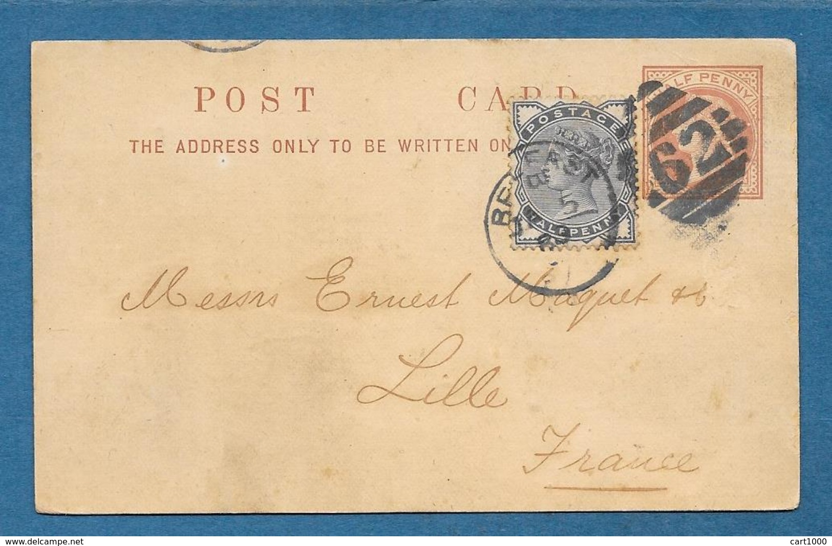 1889 GREAT BRITAIN POSTAL STATIONERY HALF PENNY + HALF PENNY BELFAST 62 TO FRANCE - Luftpost & Aerogramme