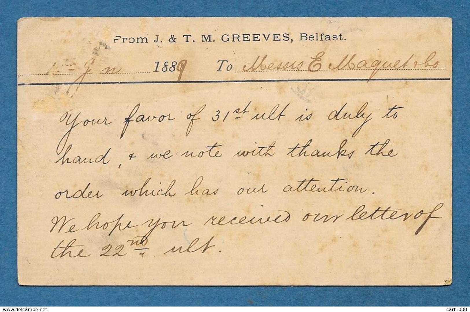 1889 GREAT BRITAIN POSTAL STATIONERY HALF PENNY + HALF PENNY BELFAST 62 TO FRANCE - Stamped Stationery, Airletters & Aerogrammes