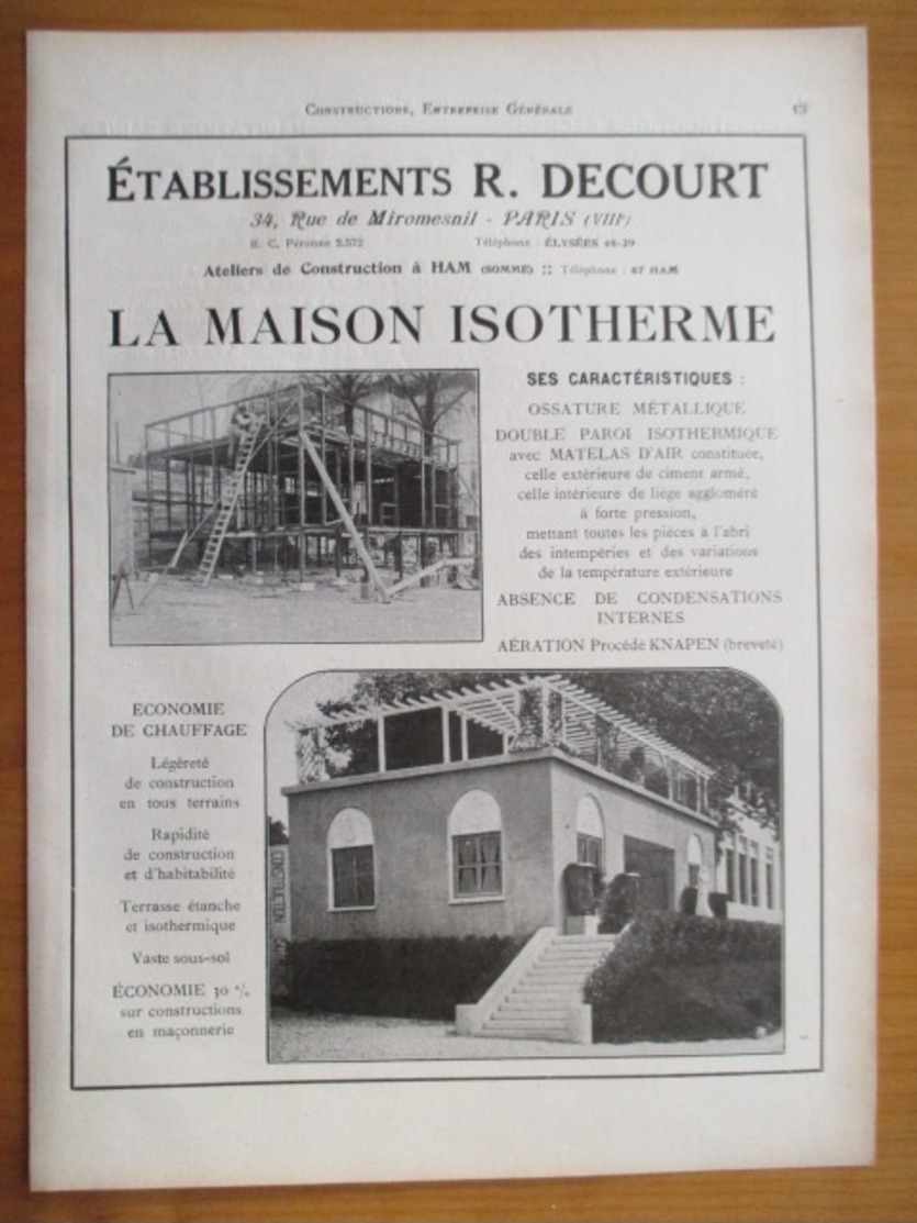 1926 - Construction Maison Isotherme R DECOURT Ateliers à Ham (Somme)   - Page Originale ARCHITECTURE INDUSTRIELLE - Architecture