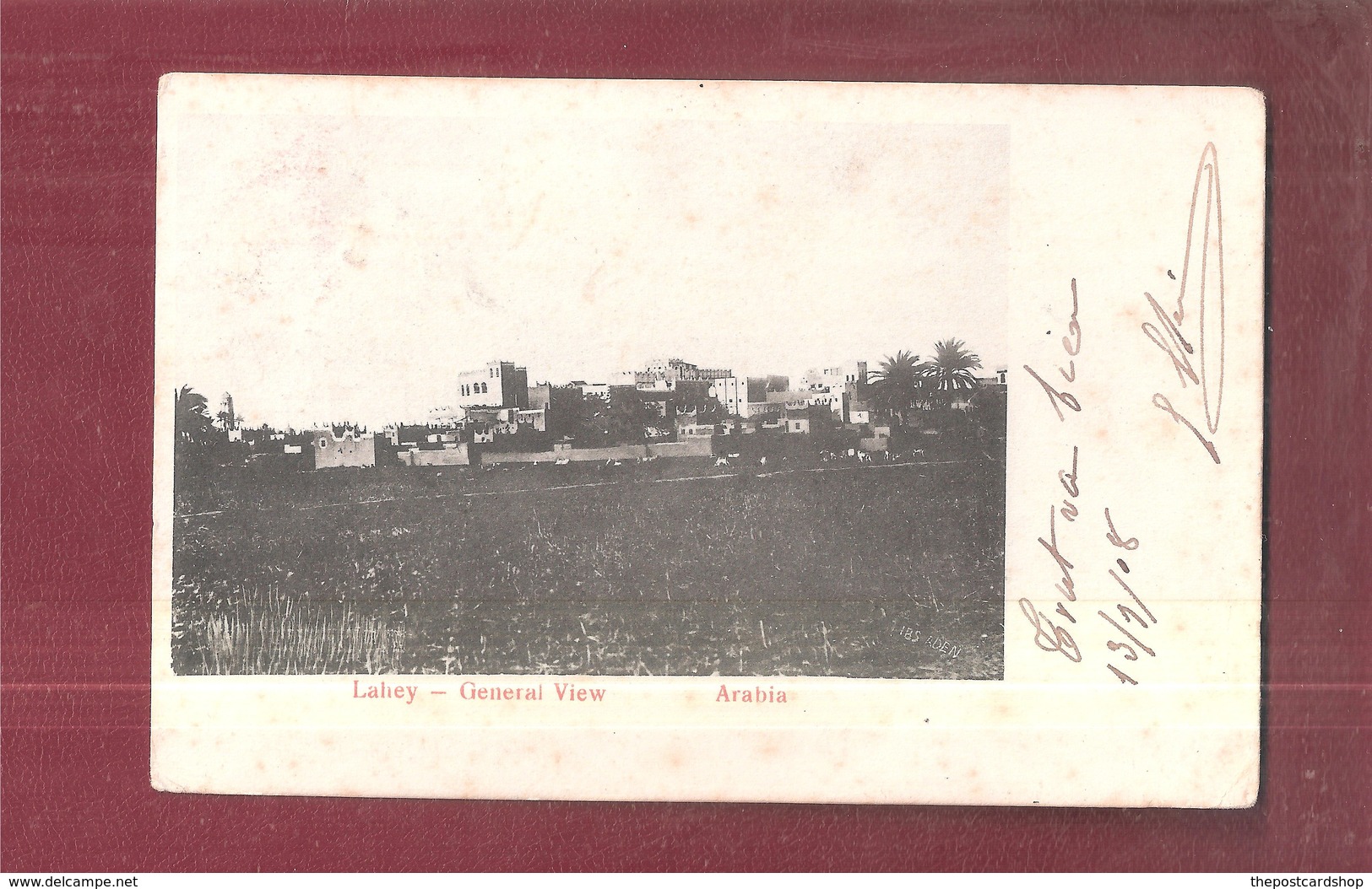 Aden Lahey General View Arabia EARLY UNDIVIDED BACK USED INDIAN STAMP ADEN POSTMARK 1908 YEMEN - Jemen