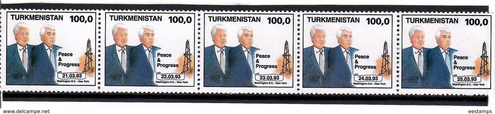 Turkmenistan .1993 Presidents Clinton,Nijasov.Strip Of 5v X100.0. Michel Nr.20-24 - Turkmenistán