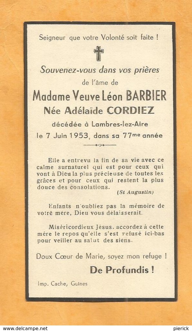 CARTE MORTUAIRE GENEALOGIE FAIRE PART AVIS DECES BARBIER CORDIEZ LAMBRES LEZ AIRES 1876 1953 - Obituary Notices