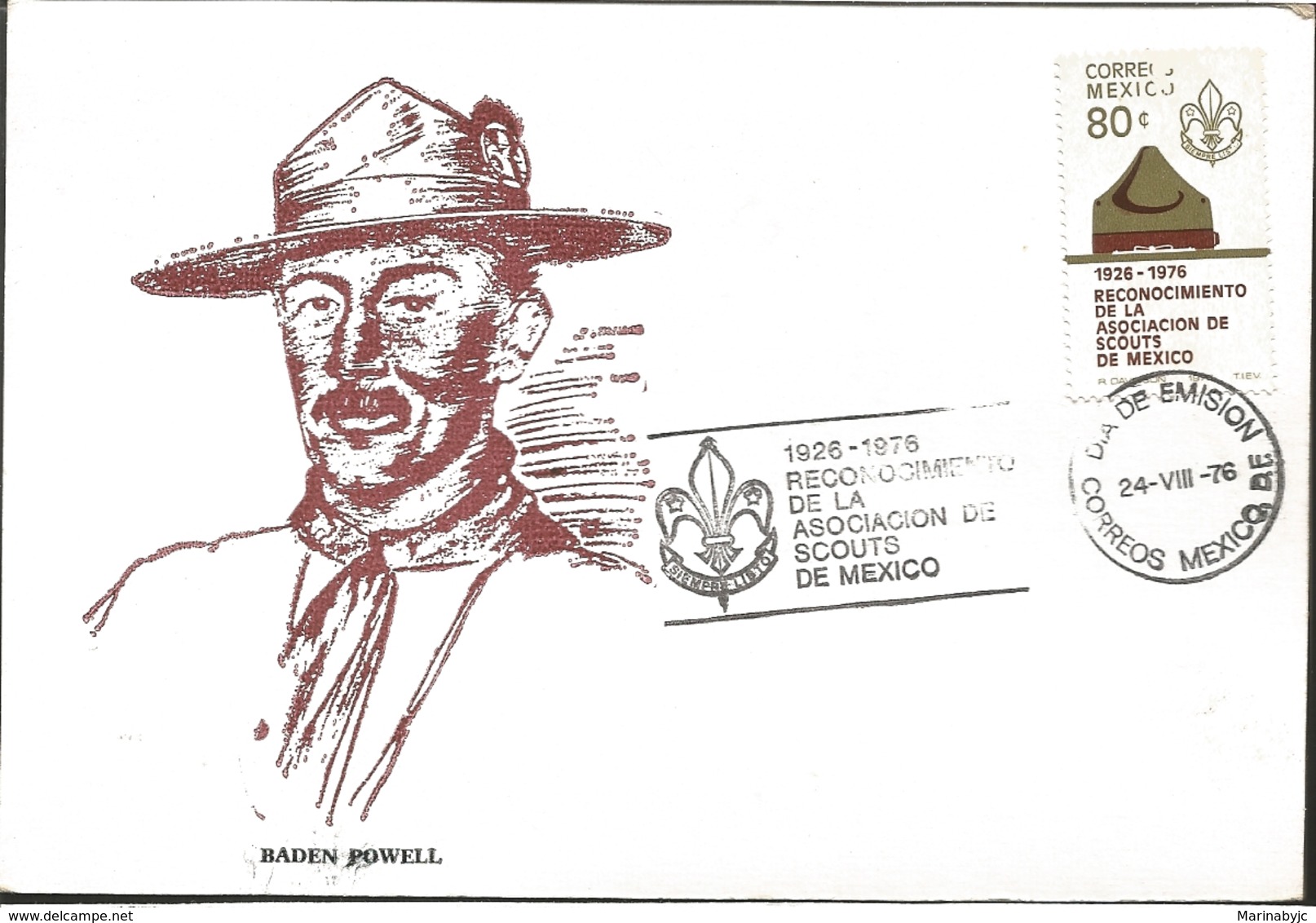 J) 1976 MEXICO, GUTEMBERG POSTCARD, RECOGNITION OF THE BOY SCOUT ASSOCIATION, BADEN POWELL, EMBLEM, POSTCARD - Mexico