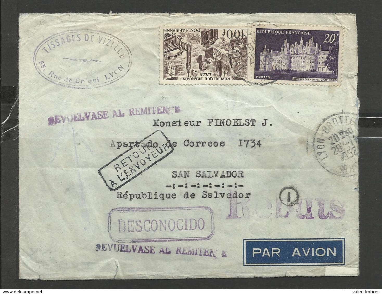 Poste Aérienne Lettre Ref. 33 Lyon San Salvador 20.1.52 - 1927-1959 Storia Postale