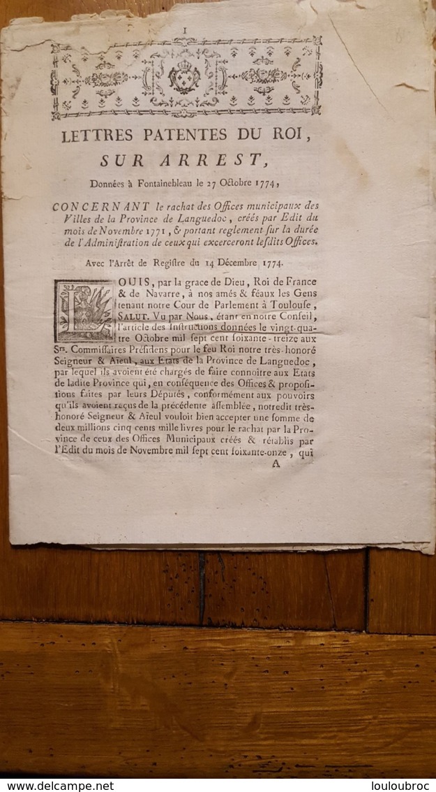 LETTRES PATENTES 1774  OFFICES MUNICIPAUX DES VILLES DE LA PROVINCE DE LANGUEDOC - Décrets & Lois