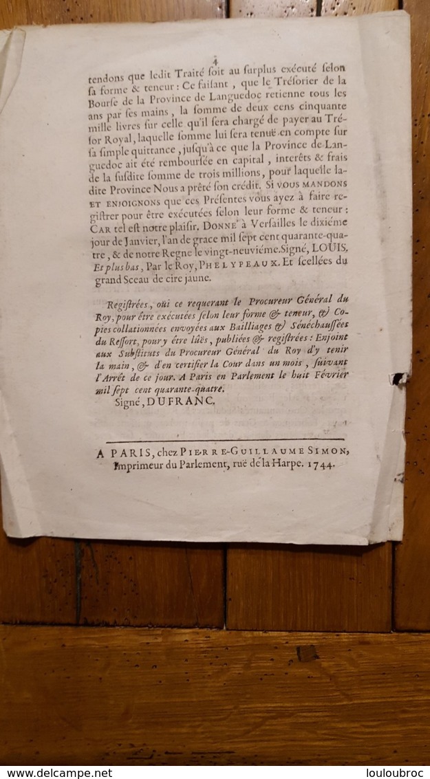 LETTRES PATENTES 1744   ETATS DE LA PROVINCE DE LANQUEDOC POUR UN EMPRUNT DE TROIS MILLIONS - Décrets & Lois