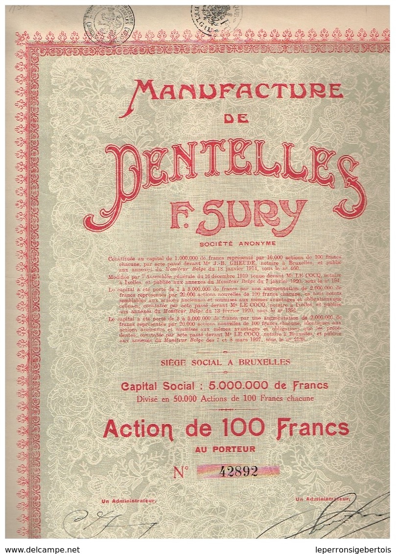 Ancienne Action - Manufacture De Dentelles Fernand Sury - Titre De 1927 - N° 34947 - Industrie