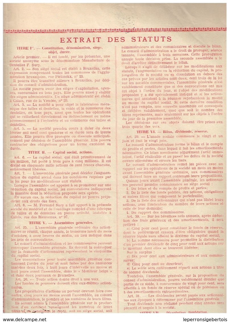 Ancienne Action - Manufacture De Dentelles Fernand Sury - Titre De 1927 - N° 34947 - Industrie