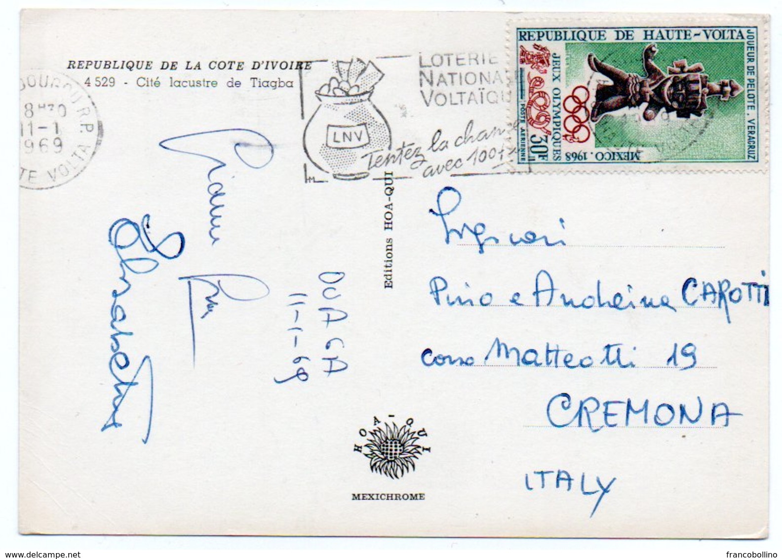 COTE D'IVOIRE - CITE' LACUSTRE DE TIAGBA/WITH ALTO-VOLTA THEMATIC STAMP-OLYMPIC GAMES 68/SEINS NUS - Costa De Marfil