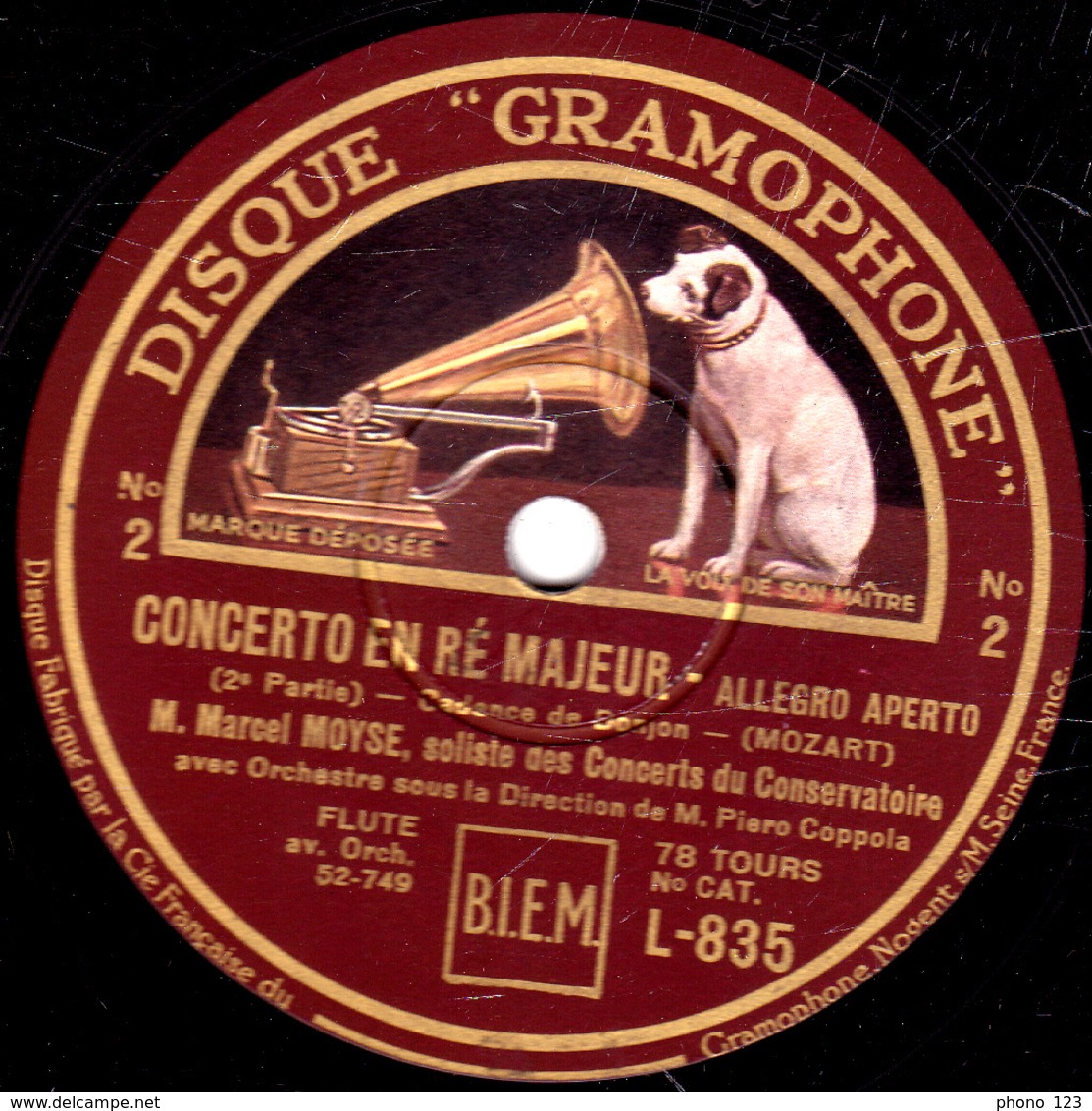78 Trs - 30 Cm - état TB - CONCERTO EN RE MAJEUR  FLUTE  Marcel MOYSE Soliste Des Concerts Du Conservatoire - 78 T - Disques Pour Gramophone