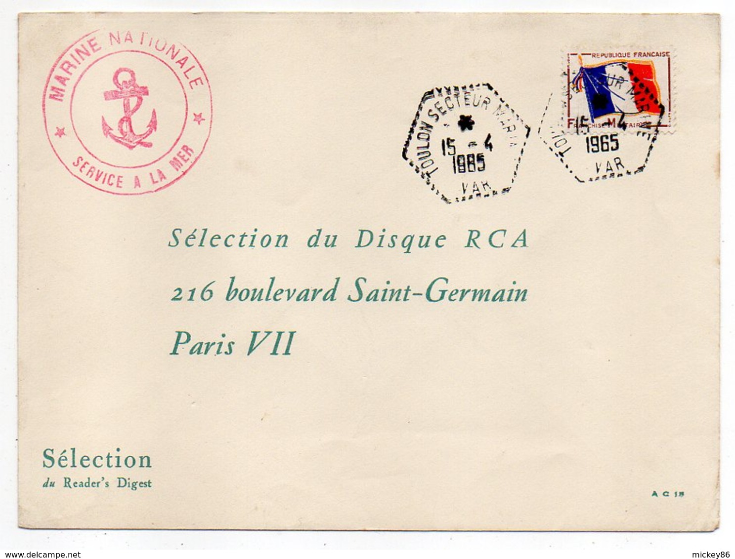 Poste Navale-1965-Lettre De TOULON SECTEUR MARINE-83  Pour PARIS 7°- Timbre F.M-cachet Hexagonal + Service à La Mer - 1961-....